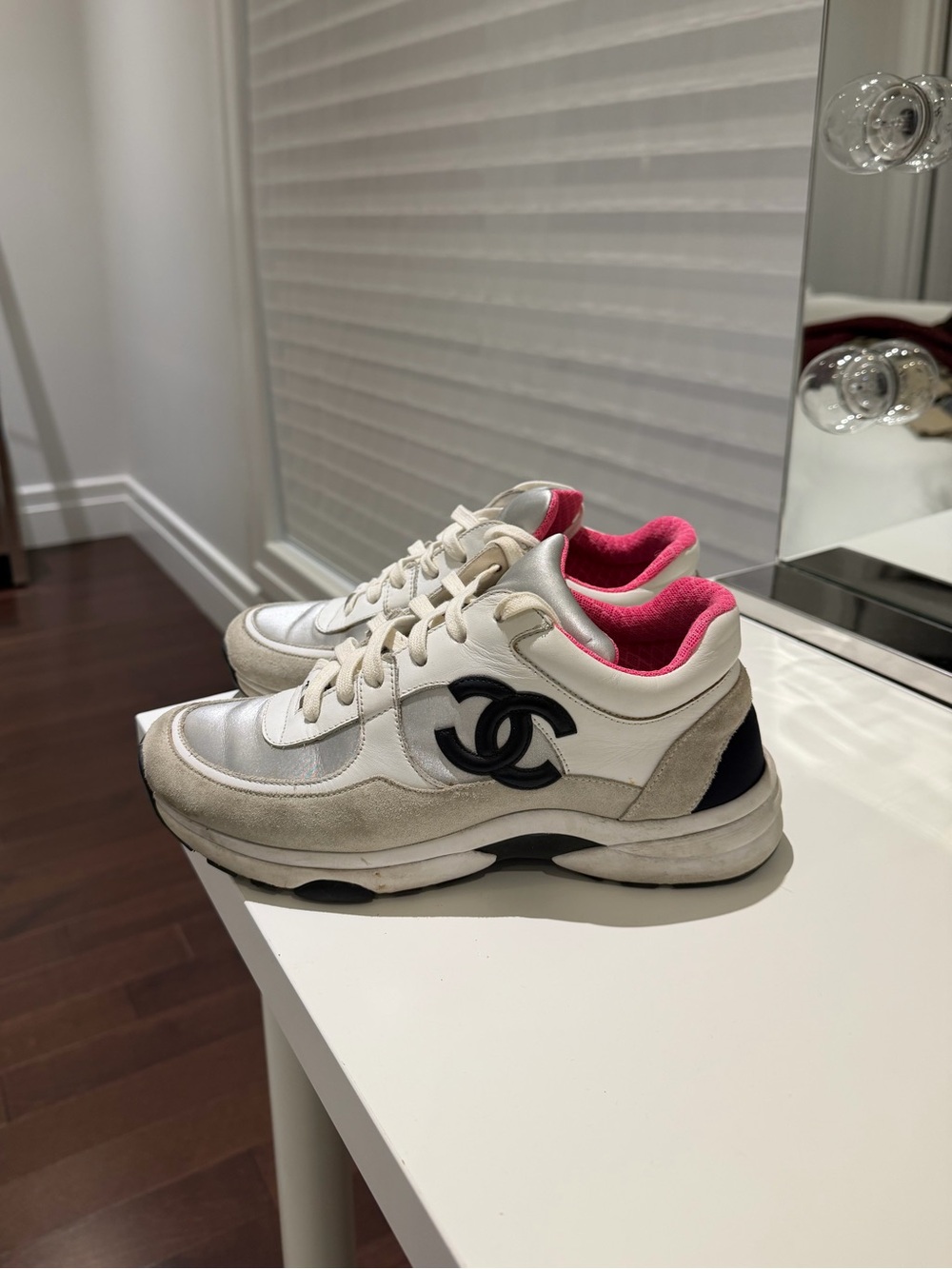 CHANEL White Sneakers with Pink Lining and Black Logo